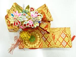 アンティーク　花模様織出し子供用リボン作り帯